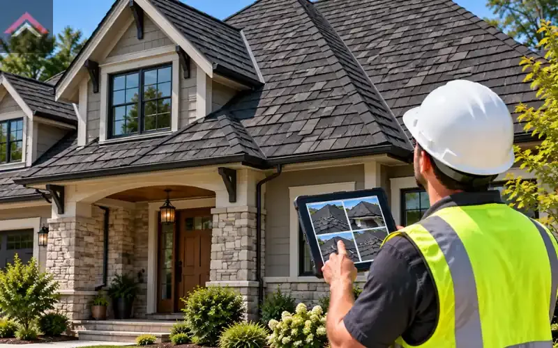 Roofing contractor inspecting a charcoal asphalt shingle roof in Beaumont TX