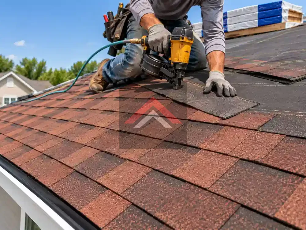 Roofer installing brown architectural asphalt shingles over roofing underlayment on a residential roof in Beaumont, TX.