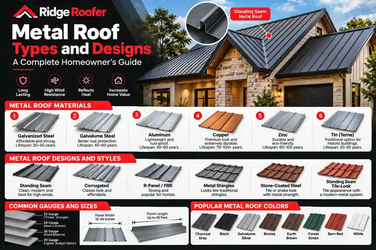 Metal roof types and designs, including standing seam, corrugated, R-panel, metal shingles, and stone-coated steel roofing.