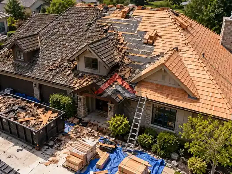 Old, weathered brown cedar shake roof with damaged shingles and roofing debris on the ground