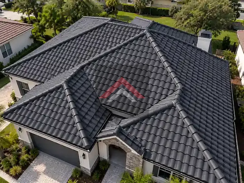 Charcoal pantile roof on a residential home viewed from above