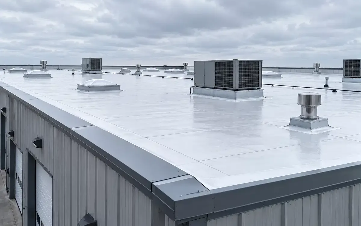Large commercial building with a flat white roofing membrane, rooftop HVAC units, vents, and skylights in Beaumont, TX.
