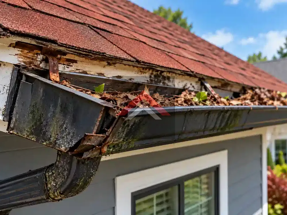 Damaged black gutters clogged with leaves and debris, showing rust, sagging sections, and water damage beneath a red asphalt shingle roof.
