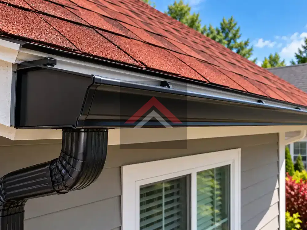 Newly installed black gutter and downspout beneath a red asphalt shingle roof on a gray-sided house.