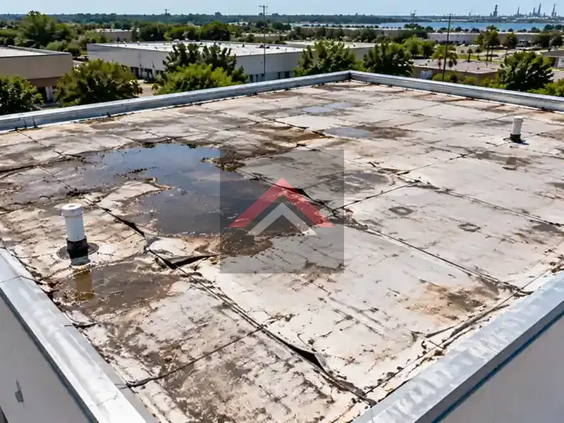 Damaged PVC Commercial Roof Before Repair in Beaumont TX