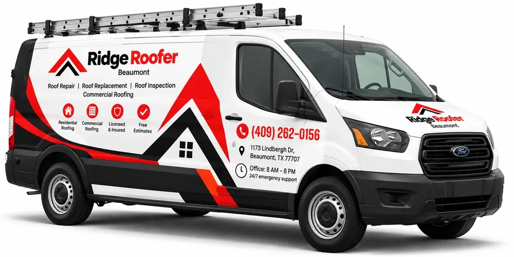 White Ridge Roofer roofing company van in Beaumont, TX, featuring red and black branding, roof repair services, phone number, and business address.