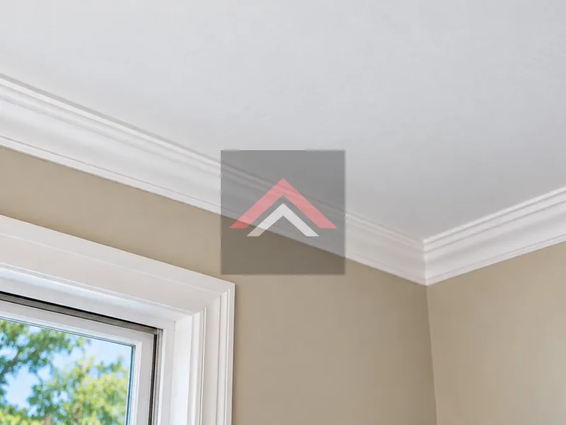 Repaired ceiling after roof water damage, showing a clean white ceiling, restored crown molding, and freshly finished walls.
