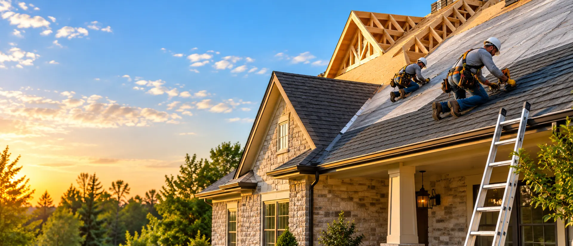 Roofing contractors installing asphalt shingles on a residential roof in Beaumont TX