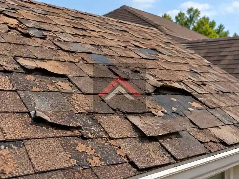 Brown architectural asphalt shingles with widespread cracking, curling, lifted edges, and missing sections before roof replacement.