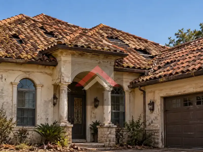 Old Mediterranean home with worn clay tile roof in Beaumont TX