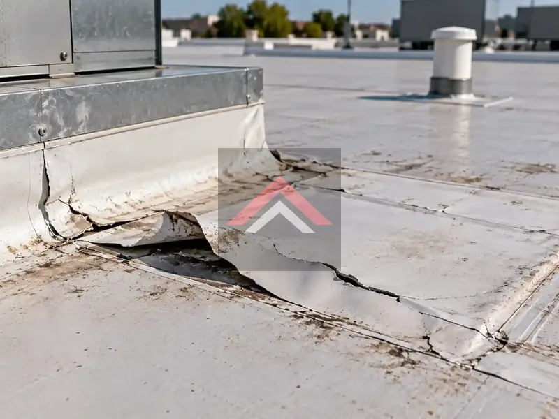 Damaged TPO flat roof membrane with torn, lifted seams and exposed underlayer near commercial rooftop HVAC equipment.