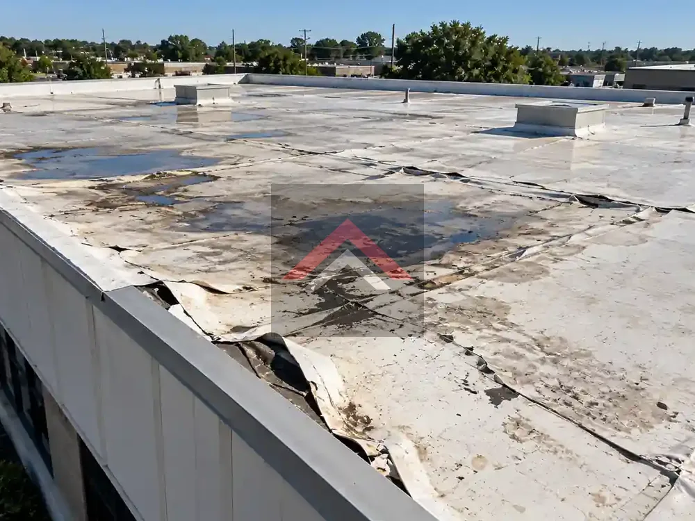 Damaged TPO Commercial Roof Before Repair in Beaumont TX
